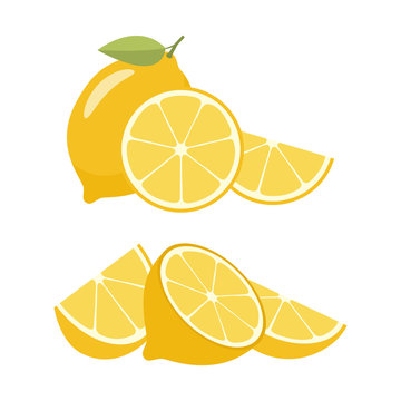A set of lemons. Halves and slices. Vector illustration