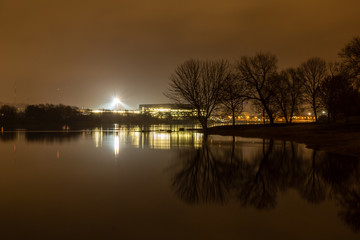 Fototapeta premium Nemunas river at night in Kaunas city, Lithuania
