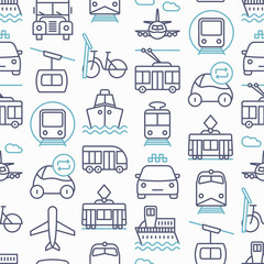 Public transport seamless pattern with thin line icons: train, bus, taxi, ship, ferry, trolleybus, tram, car sharing. Front and side view. Modern vector illustration.