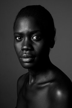 Close up black and white photo of african american woman