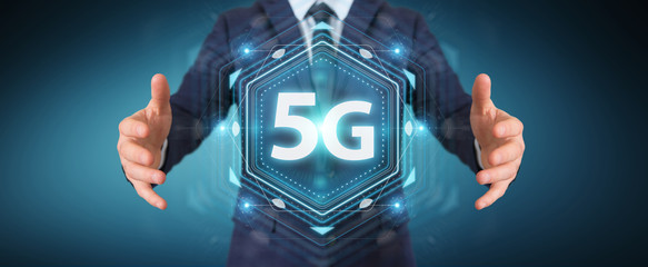Businessman using 5G network interface 3D rendering
