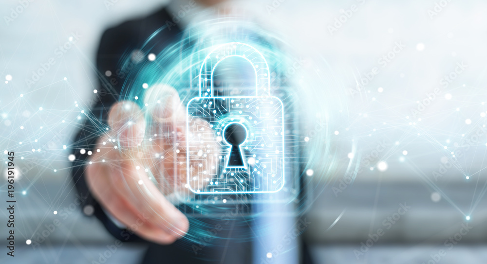 Aufkleber businessman using digital padlock with data protection 3d rendering