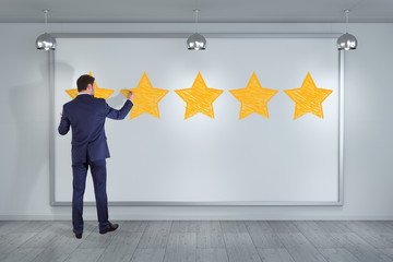 Businessman drawing raking stars on a board 3D rendering