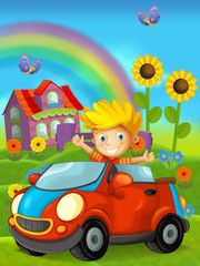 Fototapeta na wymiar cartoon scene with child - boy - in toy car on on the farm - illustration for children