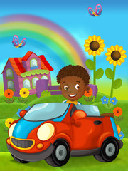 Obraz na płótnie Canvas cartoon scene with child - boy - in toy car on on the farm - illustration for children