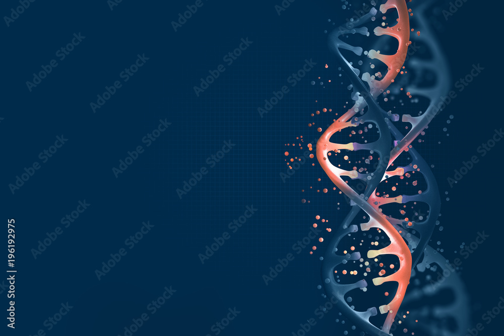 Aufkleber futuristic design element on the topic of dna research. 3d illustration of a dna helix on a dark bac