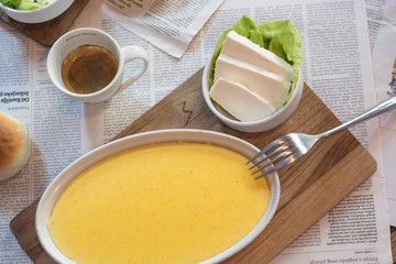 cuisine, italian, cooked, polenta, table, lay, dinner, food, meat, parmesan, dish, meal, porridge, eat, overhead, corn, above, cheese, flat, slate, lamb, basil, gastronomy, croatian, blue, grain, grav