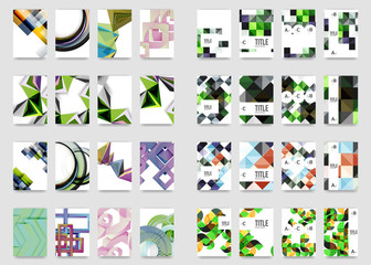 Collection of business annual report brochure templates, A4 size covers created with geometric modern patterns - squares, lines, triangles, waves