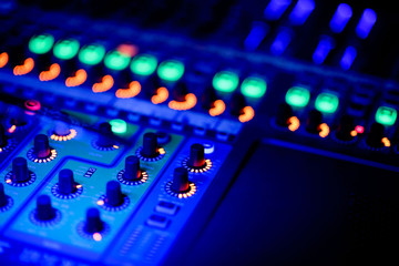 sound check for concert. Mixer control. Music engineer. Backstage 