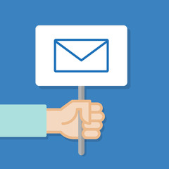 Hand holding white board. Banner with minimal icon. Voting symbol. Concept of protest. Vector illustration, flat style.