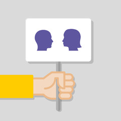 Hand holding white board. Banner with minimal icon. Concept of protest. Vector illustration, flat style.