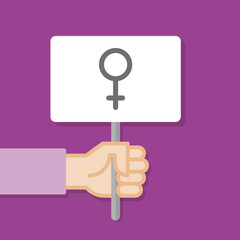 Hand holding white board. Banner with minimal icon. Women rights. Concept of protest. Vector illustration, flat style.