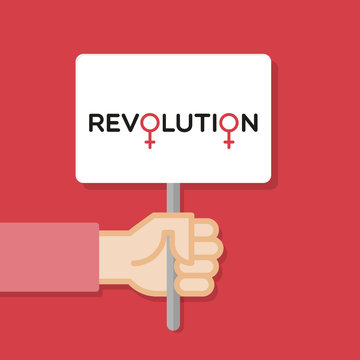 Hand holding white board. Banner with minimal icon. Women rights. Concept of protest. Vector illustration, flat style.