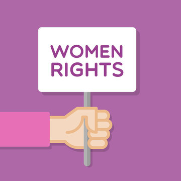 Hand holding white board. Banner with minimal icon. Women rights. Concept of protest. Vector illustration, flat style.