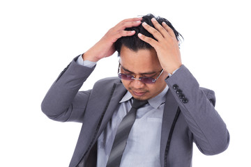 man in suit with headache and problems isolated on white background