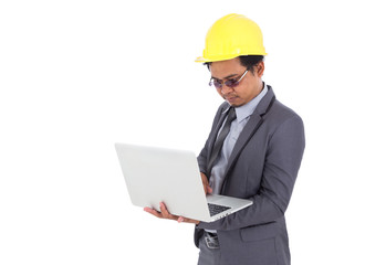 engineer using laptop isolated on white background