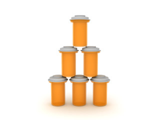  3D illustration of stack of orange pharmaceutical bottles