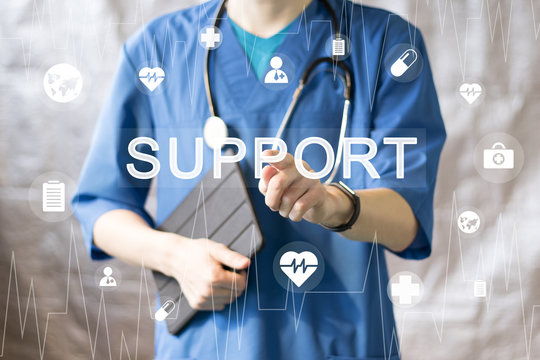 Doctor pushing button support service virtual healthcare in network medicine health