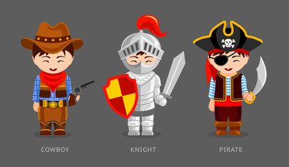 Cowboy, knight, pirate. Cute kids in carnival costumes. Cartoon personages. Vector flat illustration.