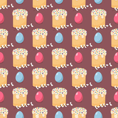 seamless pattern with willow branches, Easter cakes and eggs.