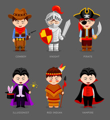 Cowboy, knight, pirate, person, vampire, illusionist. Cute kids in carnival costumes. Cartoon personages. Vector flat illustration.