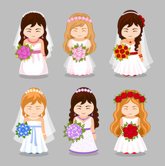 Set of beautiful brides with wedding bouquet. Cute cartoon characters. Vector flat illustration.