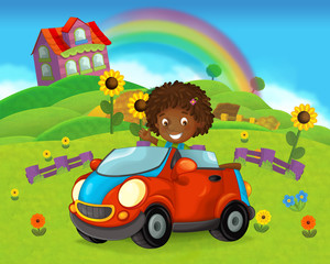 cartoon scene with child in toy car on on the farm - illustration for children