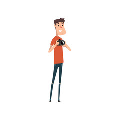 Cheerful male photographer with photo camera, paparazzi, blogger or journalist vector Illustration on a white background
