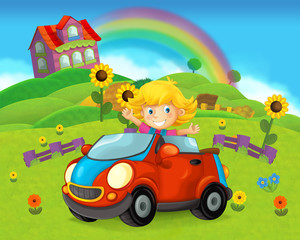 Obraz na płótnie Canvas cartoon scene with child in toy car on on the farm - illustration for children