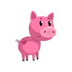 Obraz na płótnie Canvas Pink funny cartoon baby piglet, cute little piggy character vector Illustration on a white background
