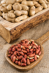 Peeled peanuts in a wooden ladle and peanuts in nutshell on natural matting