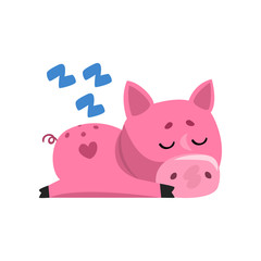 Pink funny cartoon pig sleeping, cute little piggy character vector Illustration on a white background