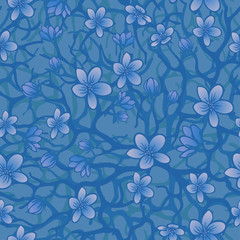Fototapeta na wymiar Vector seamless background with sakura blossoms, brunches and foliage. Eps outlined illustration in shades of blue.