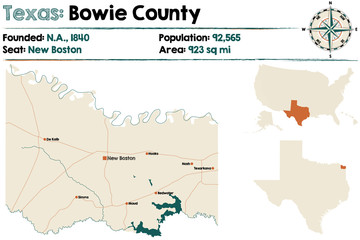 Detailed map of Bowie county in Texas, USA