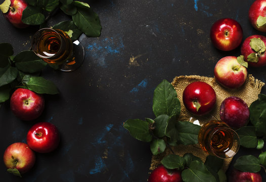 French apple brandy, dark background, top view