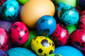 Easter eggs. Chicken and quail eggs painted in different colors for the celebration of Easter.