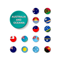 Fototapeta premium Set of round icons flags of countries of Australia and Oceania with shadow.