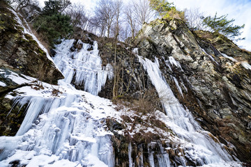 Fototapeta na wymiar Mountain slopes covered in ice and icicles as the winter snow is melting during cold temperature, forming ice waterfalls along the slopes