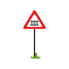 Triangular Road Sign With Train Without Barrier Railroad Crossing Ahead Flat Vecrtor Element For Mobile Game Or Book Of Traffic Rules Wall Mural Topvectors