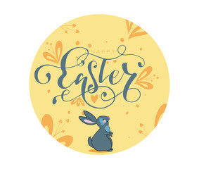 Happy Easter hand lettering sign with illustration of spring elements and bunny