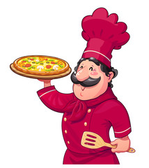 Cook with pizza. Traditional italian food. Cartoon character.