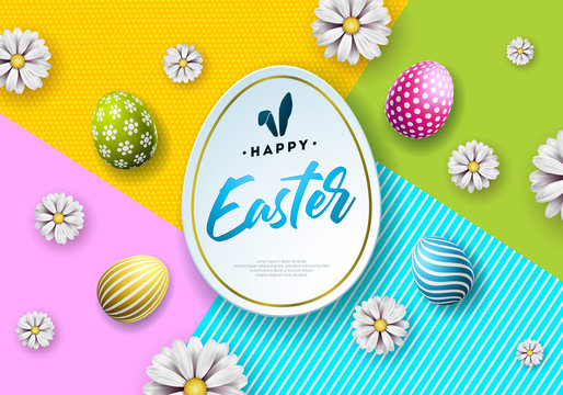 Vector Illustration of Happy Easter Holiday with Painted Egg and Flower on Clean Background. International Celebration Design with Typography for Greeting Card, Party Invitation or Promo Banner.