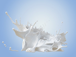 white milk splash dropsm in a glass 3D rendering on blue background,isolated Include clipping path milk background illustration