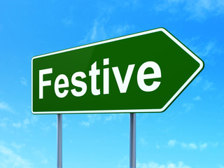 Holiday concept: Festive on green road highway sign, clear blue sky background, 3D rendering