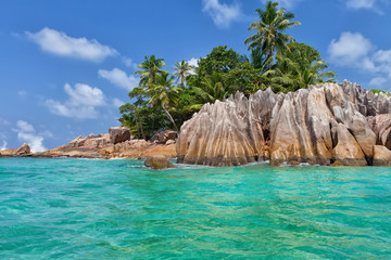 Beautiful tropical St. Pierre Island with palms and granite rocks, Seychelles