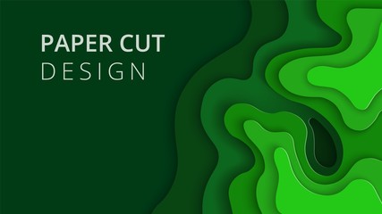 Paper cut design with 3D abstract background for labels, flyers, tickets, posters, presentations, invitations. Shades of green for ecology design and environment. Colorful carving art. 