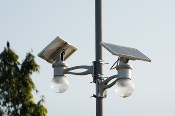 Solar cell lamp on sky background, Alternative energy from the sun