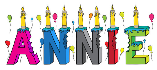 Annie female first name bitten colorful 3d lettering birthday cake with candles and balloons