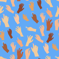 Human vector hand press button arm finger control push pointer cursor target gesture internet human body part different colors hands seamless pattern illustration