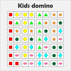 Domino game with pictures (geometric shapes) for children, fun education game for kids, preschool  activity, task for the development of thinking, vector illustration